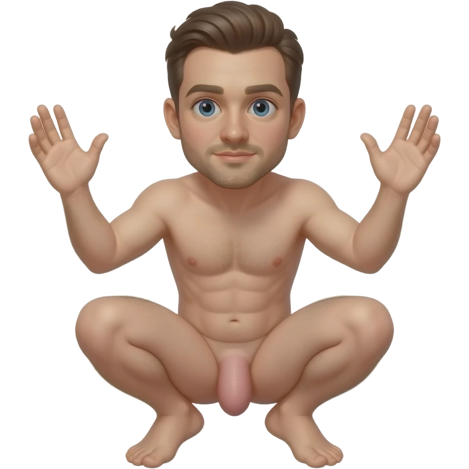 Nude autistic guy, crouching hands up big dick emoji