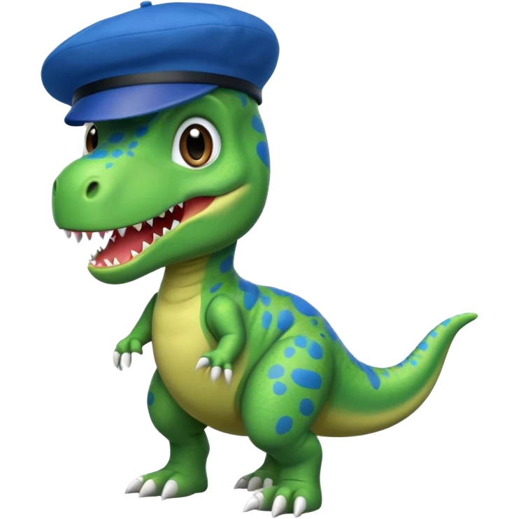 Let’s do a cute green T Rex dinosaur with a blue French beret emoji
