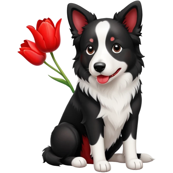 A cute  little  Black and white Border Collie and tulip emoji