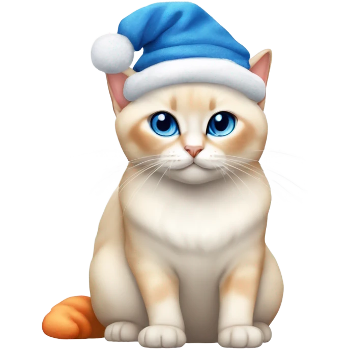 chubby flame point Siamese, white fur with orange accents and blue eyes wearing a red christmas hat  emoji