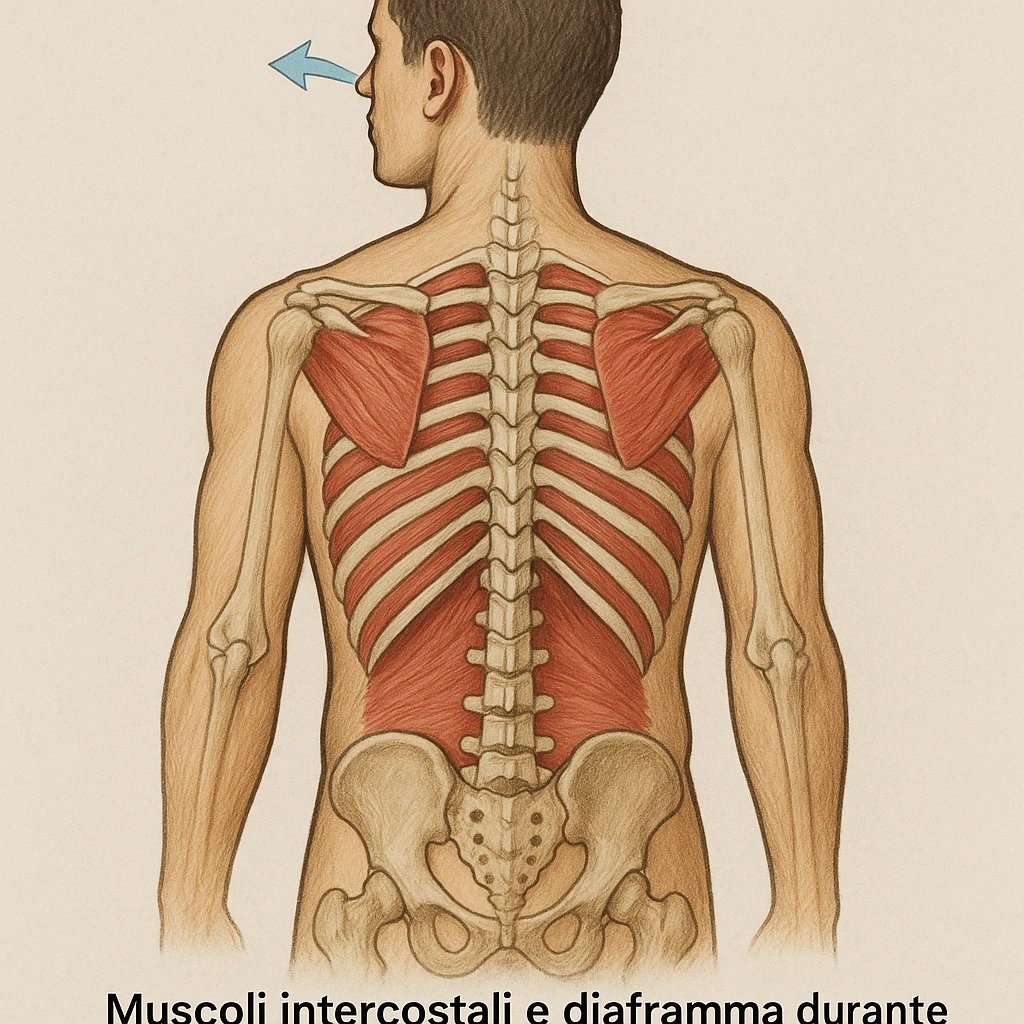 rear view highlighting intercostal muscles and diaphragm during deep nasal breathing, caption in Italian emoji