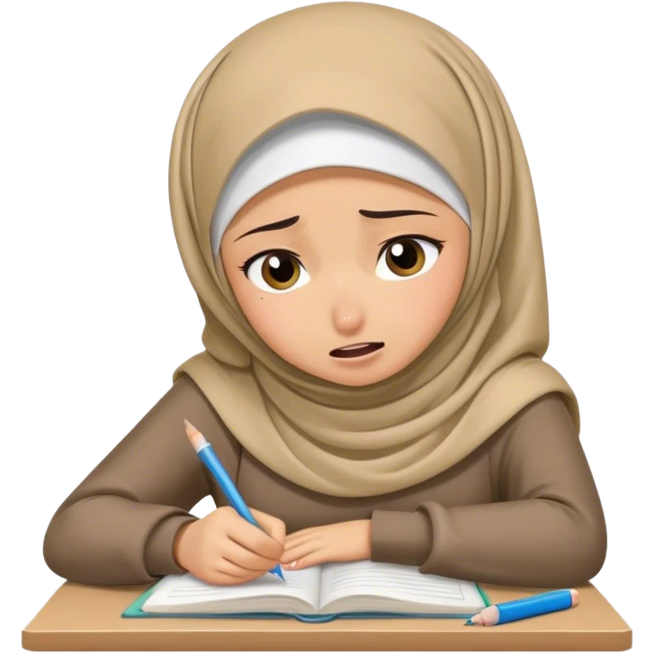 hijabi student doing homework looking stressed, suffering and crying emoji