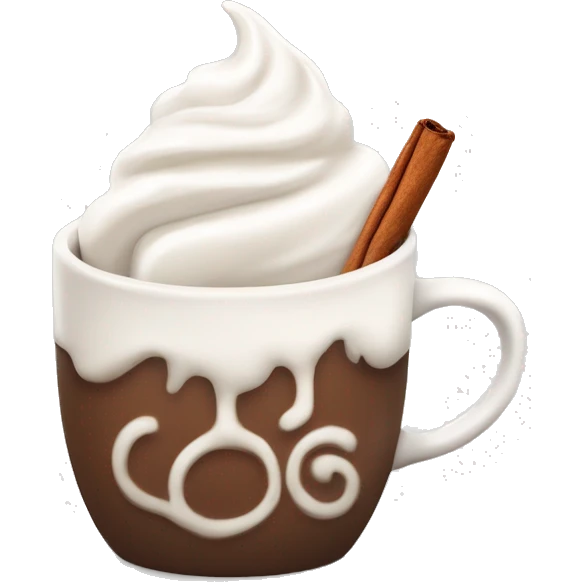 white mug of hot chocolate with whipped cream and cinnamon emoji