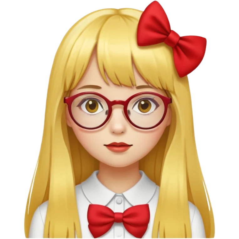 yellow skin girl with long straight hair, bangs, red bow on hair, round glasses emoji