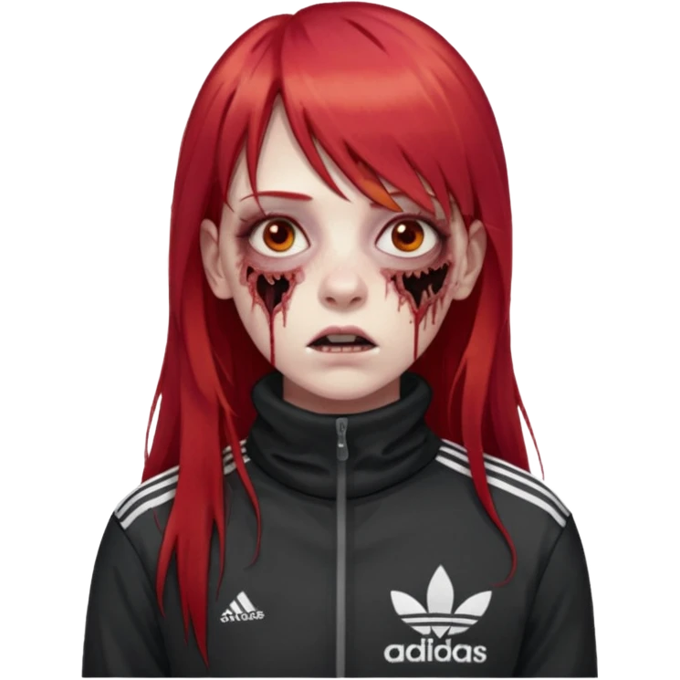 Crie um emoji de uma menina zumbi  com o cabelo vermelho longo com uma franja reta casaco de gola alta da adidas emoji