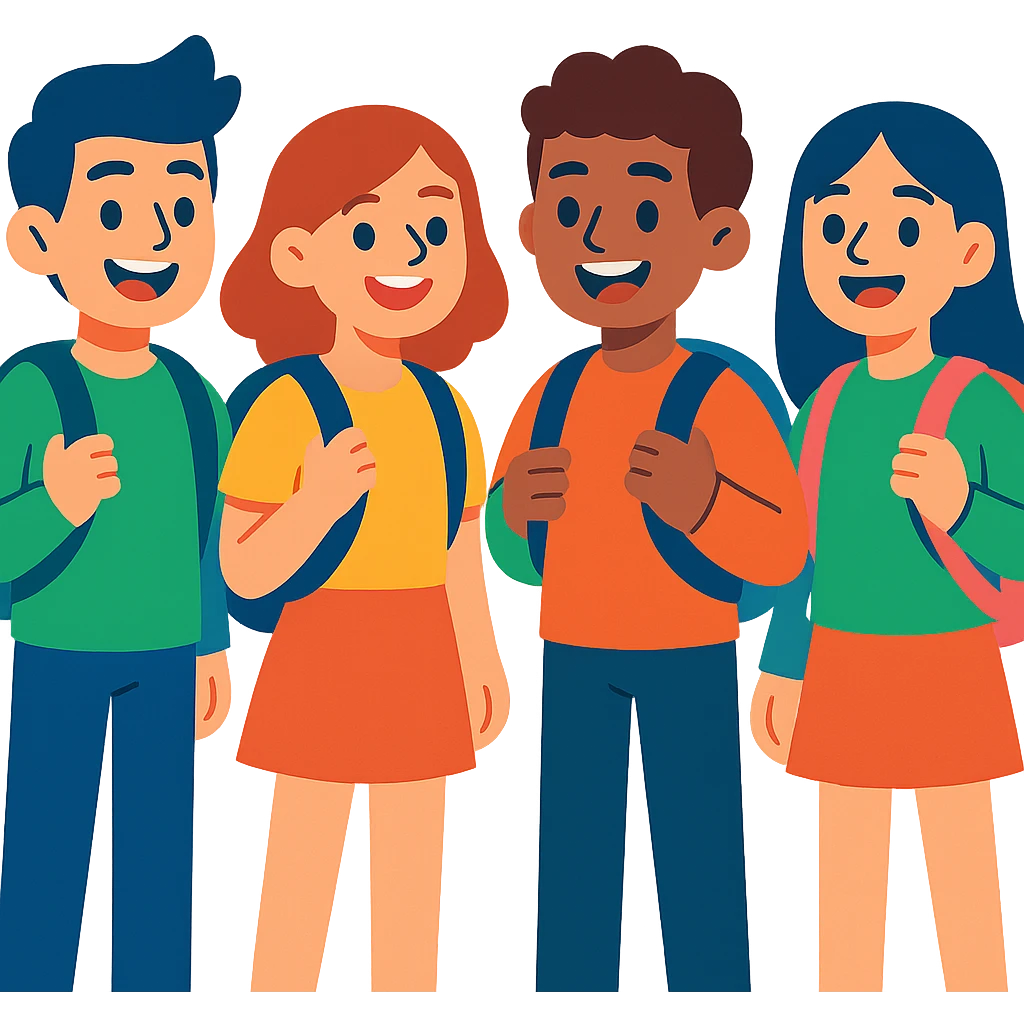 students with backpacks, cheerful, friendly style emoji
