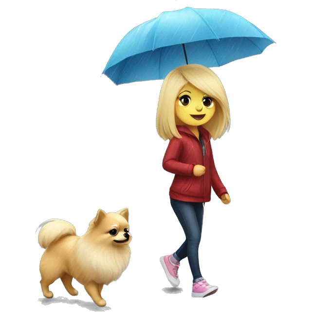Blonde girl walking little pomeranian under the rain emoji