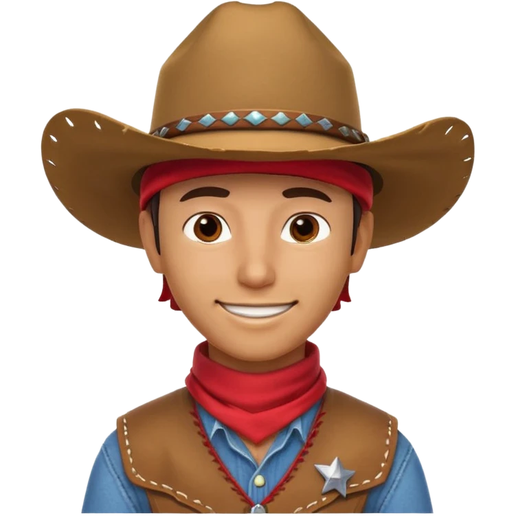 cowboy horse rider portrait, head and shoulders only, cowboy hat, bandana, western outfit collar, confident smile, 3D cartoon, mobile game icon style, clean background, no text, no watermark
 emoji