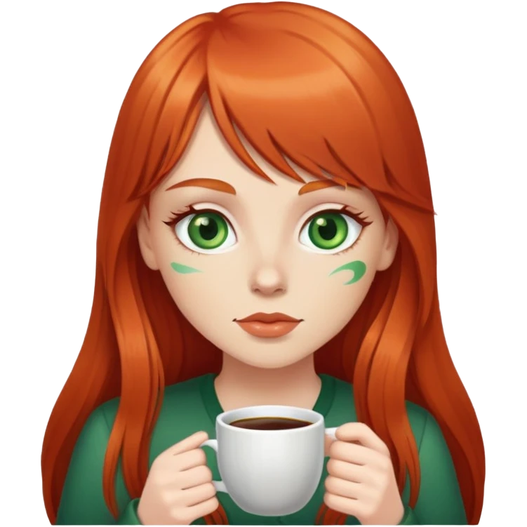 Red head white girl with green eyes and long hair and bang and coffee emoji