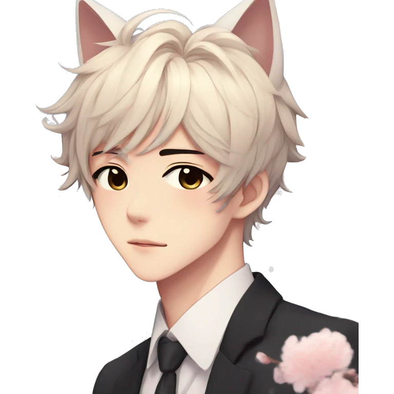Gorgeous romantic anime style Asian formal modern shojo guy with cat ears and flowers and blushing face aesthetic trending style outside emoji