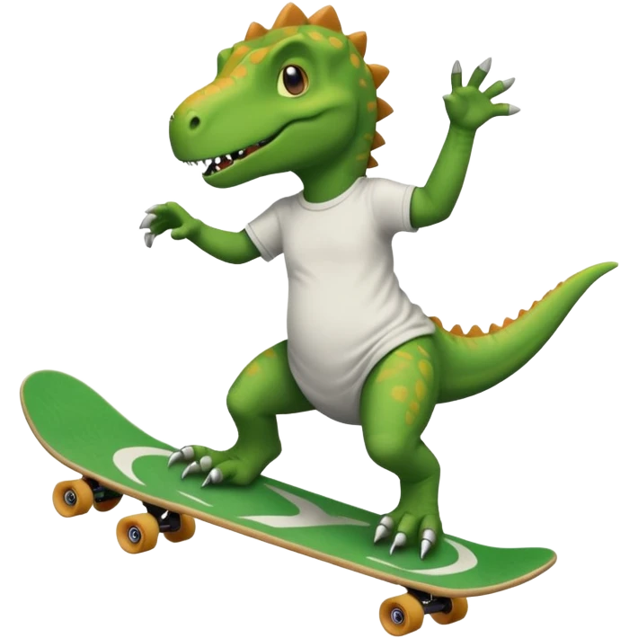 Dinosaur skateboarding at the skate park wearing a t-shirt and doing six seven and dancing emoji
