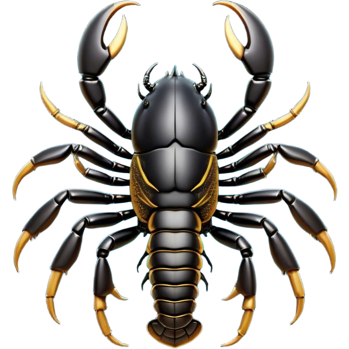 Cinematic Noble Emperor Scorpion Portrait Emoji, Poised and formidable, with a robust, armored build and a glossy, jet-black exoskeleton accented by striking, segmented pincers, deep-set piercing eyes, Simplified yet sharp and sophisticated features, highly detailed, glowing with a cool, dignified glow, high shine, intelligent and imposing, stylized with an air of ancient desert majesty, focused and attentive, soft glowing outline, capturing the essence of a watchful and commanding scorpion that feels as though it could silently creep out of the screen with effortless authority! emoji