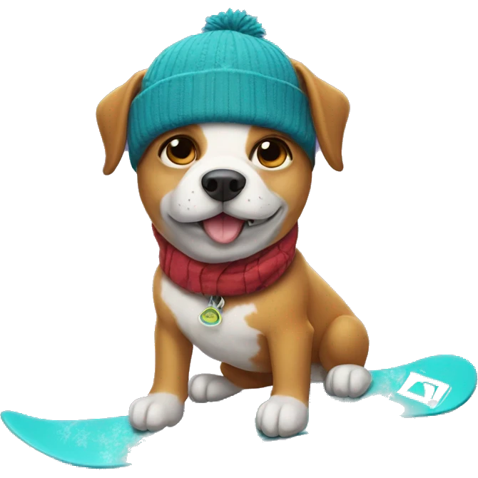 Dog snowboarding with dragon hat emoji