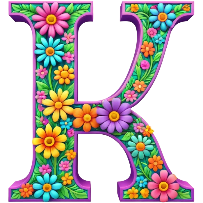 3D, gothic style psychedelic colored capital Letter L with hippie style flower border emoji