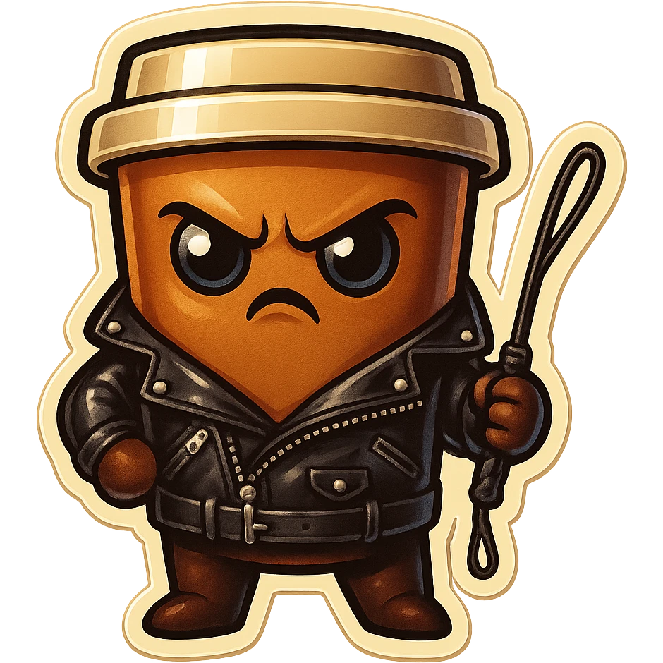 Tall coffee cup, dressed in leather holding a whipping crop, eyebrow furrowed emoji