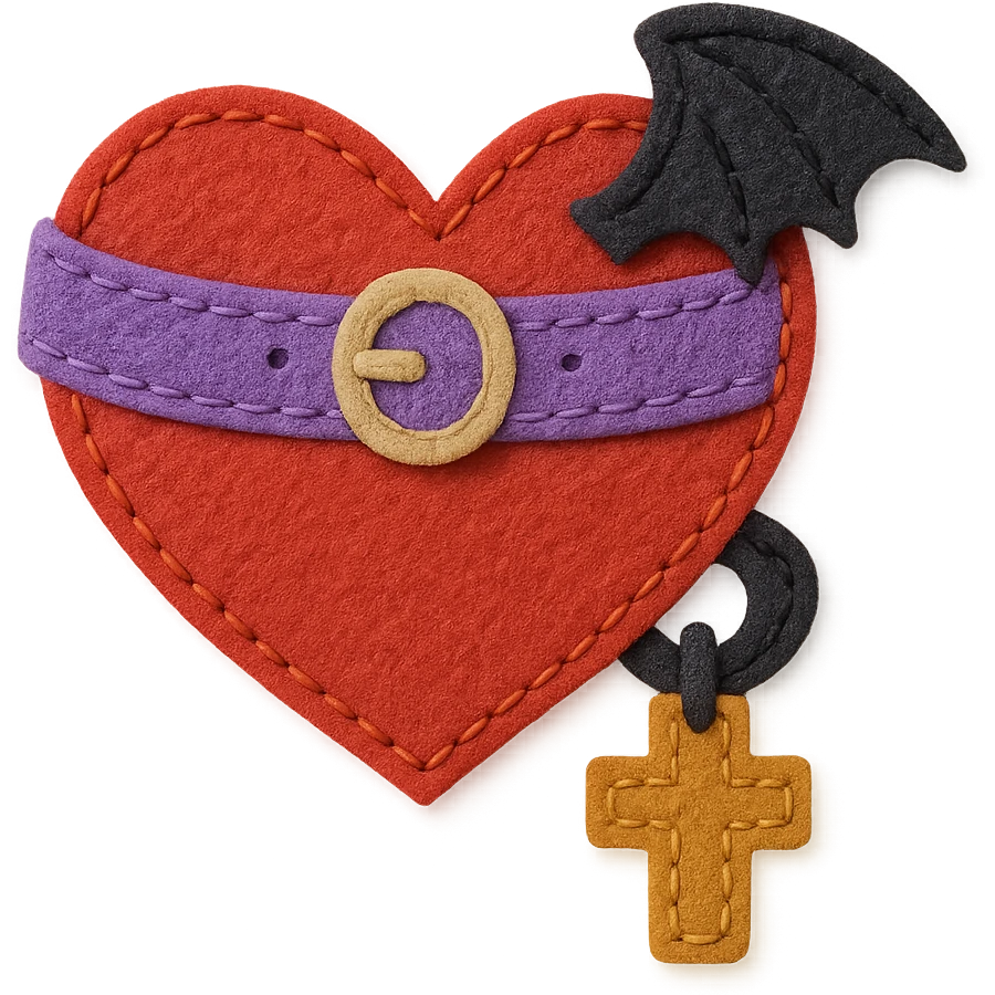 a heart with goth accessories, soft and textured felt patch style emoji