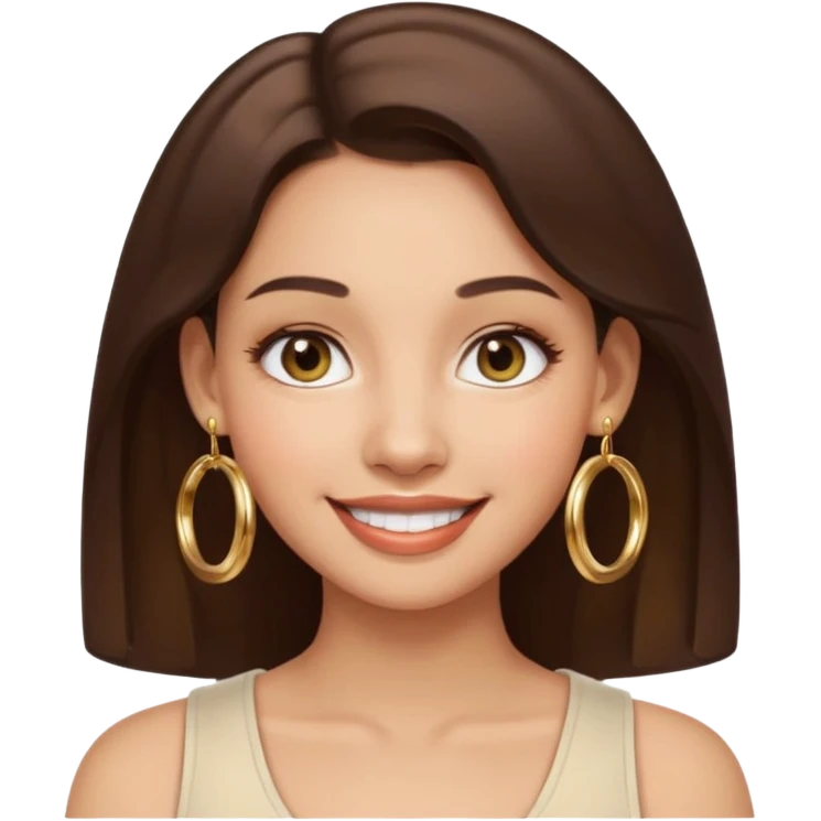 Emoji-style front-facing woman’s face, light skin tone, brunette hair, gold hoop earrings, round glossy finish, simple eyes and smile, smooth gradients and soft shadow — inspired by Apple emoji aesthetic emoji