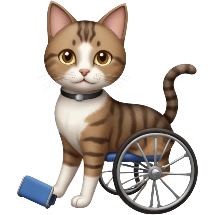 full body small short hair dark brown and white cat with hazel eyes walking in a wheelchair for cats emoji