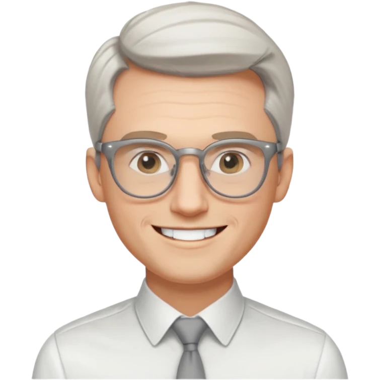 30 yr old pale white man, white/grey side swept stylish hair, round glasses, big smile, white teeth, handsome, longer hair, thin glasses, white dress shirt, smooth forehead, botox, no tie emoji