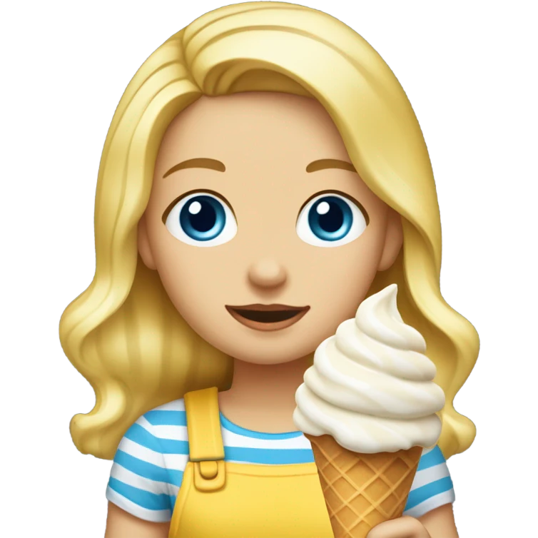 Girl with blonde hair, blue eyes, yellow striped shirt, holding vanilla ice cream cone emoji