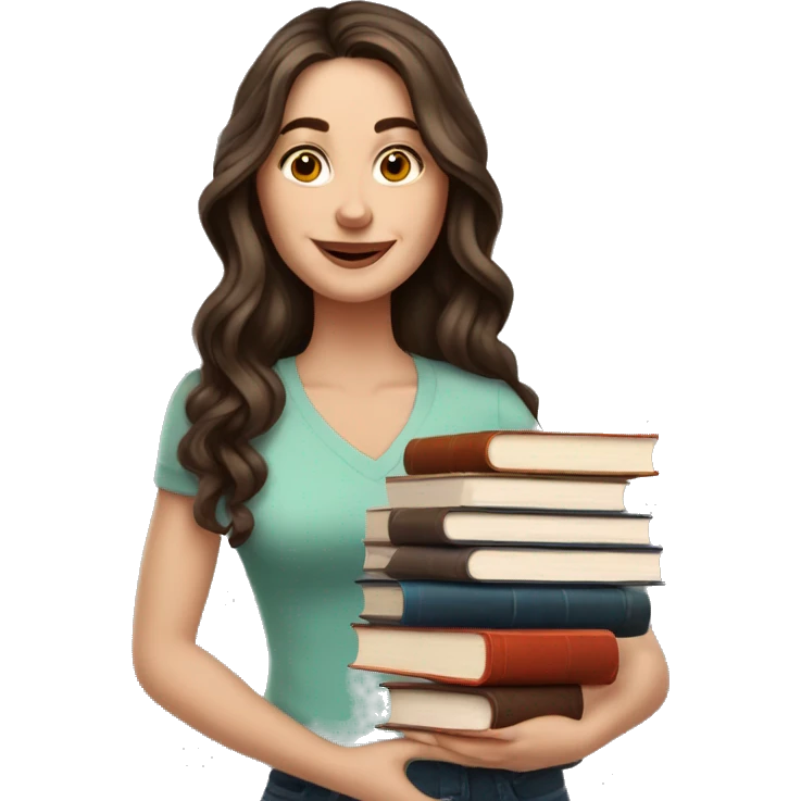 white woman brunette long wavy hair highlights woman while holding large stack of books emoji