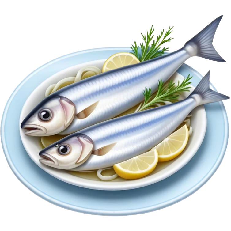 Cinematic Realistic Herring Dish Emoji, showcasing a traditional preparation of fresh herring with onions rendered with lifelike detail and cool, crisp lighting. emoji