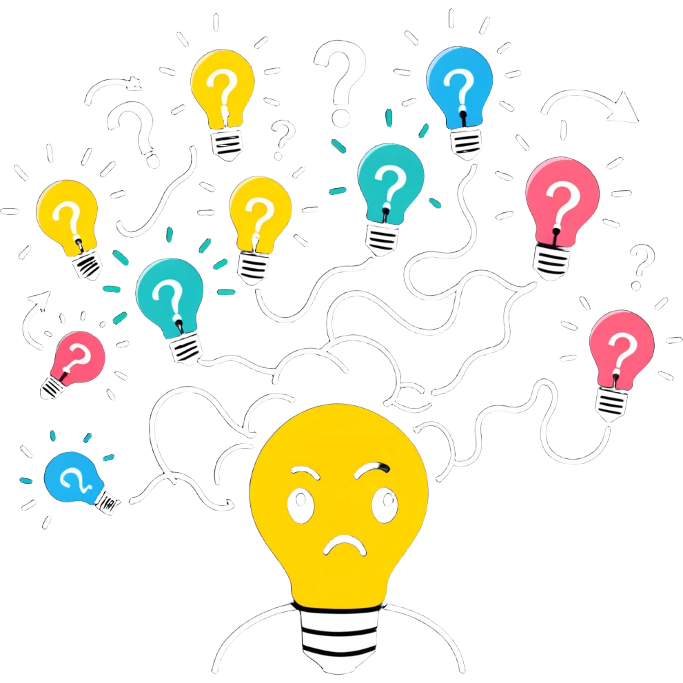 Person with a chaotic mind, swirling tornado of tangled thoughts around their head, containing question marks, light bulbs, and scribbles. The person has a bewildered, overwhelmed expression. emoji