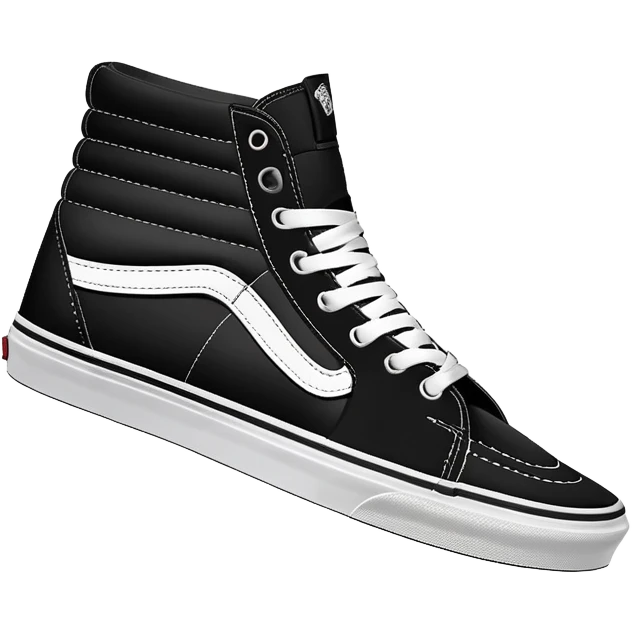 Ultra simplified pair of black Vans Sk8-Hi shoes in iOS emoji style, one positioned behind the other, flat colors, minimal design, essential details only emoji