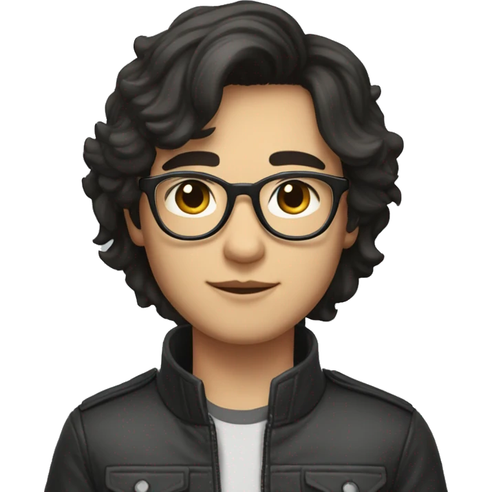 A beautiful  young man with black and medium hair and white skin, wearing round glasses and jacket emoji