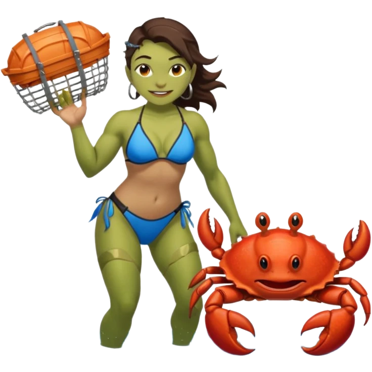 orc female Swimsuit with armored pauldrons, dragging a comically large crab trap emoji