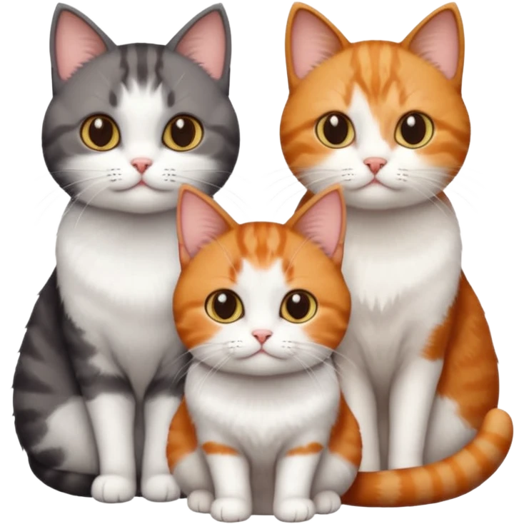 3 different coloured tiny short haired cats, including a dark grey and white cat, and a dark brown tabby and white and a ginger and white emoji