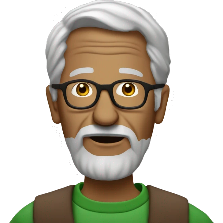 Old men in profile, gray hair, brown glasses on the nose, green crewneck, who says "jm'en fous" emoji