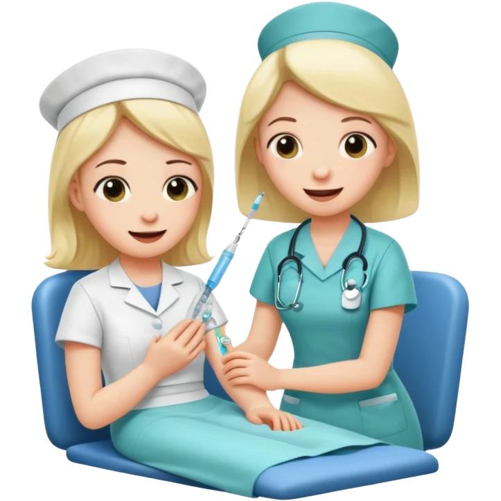 Create a cute, funny sticker-style story in a cartoon illustration.
Scene sequence shows a nervous patient getting an injection from a kind nurse.
 emoji