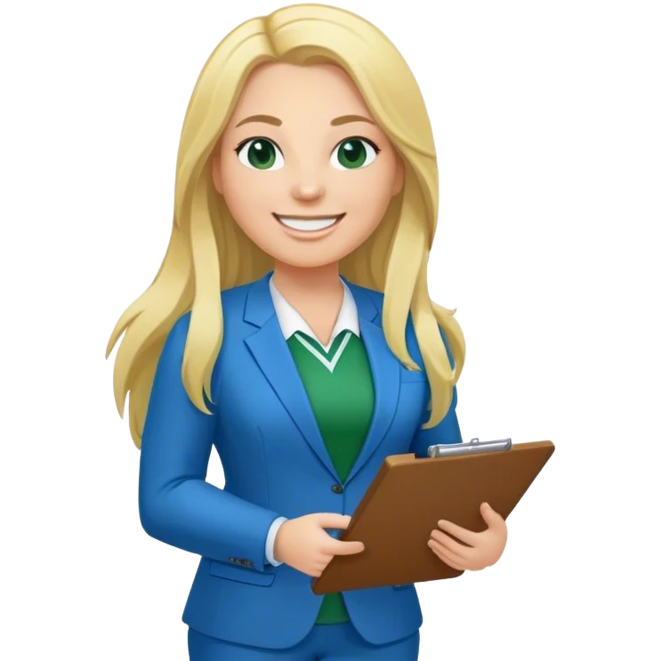 Full Body white plus size female basketball head coach with long blonde hair in a blue and green suit smiling holding clipboard emoji