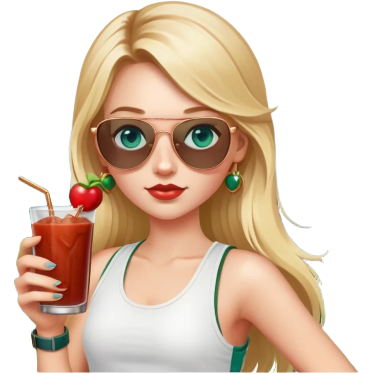 girl with long blond pigtailed hair
with blue eyes
and aviator sunglasses
wearing white tank top 
holding bloody mary
wearing (rose gold apple watch with forest green band) emoji