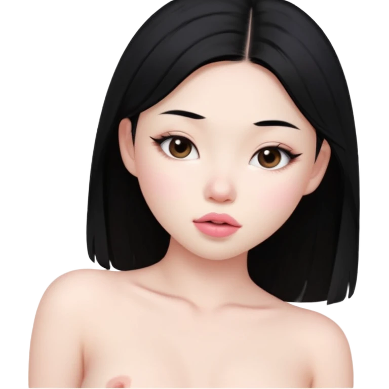 Pale Naked human asian girl with black hair and pale pink big lips showing petite boobs with nipples with no shirt on emoji