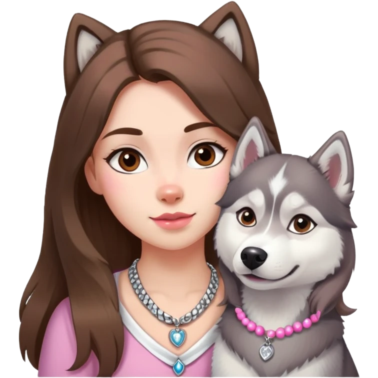 Girl with Brown long hair with husky white and grey and pink neclace emoji