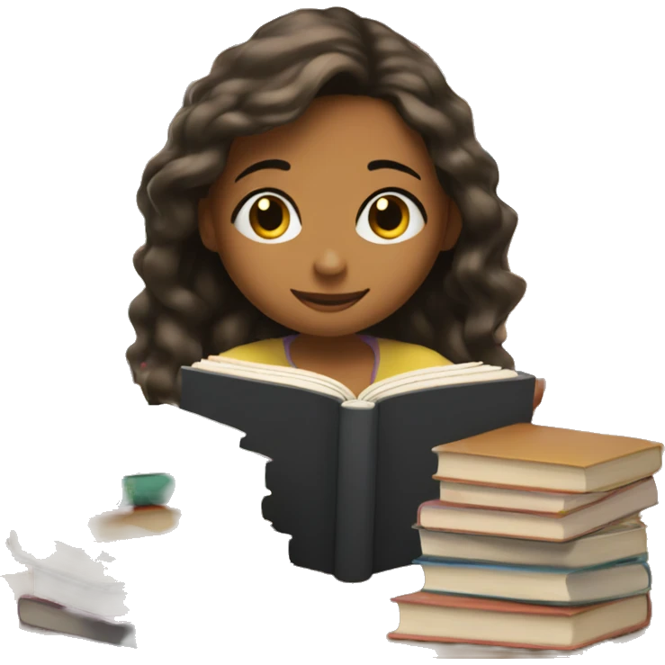 girl reading a book with bunch of books in the back emoji