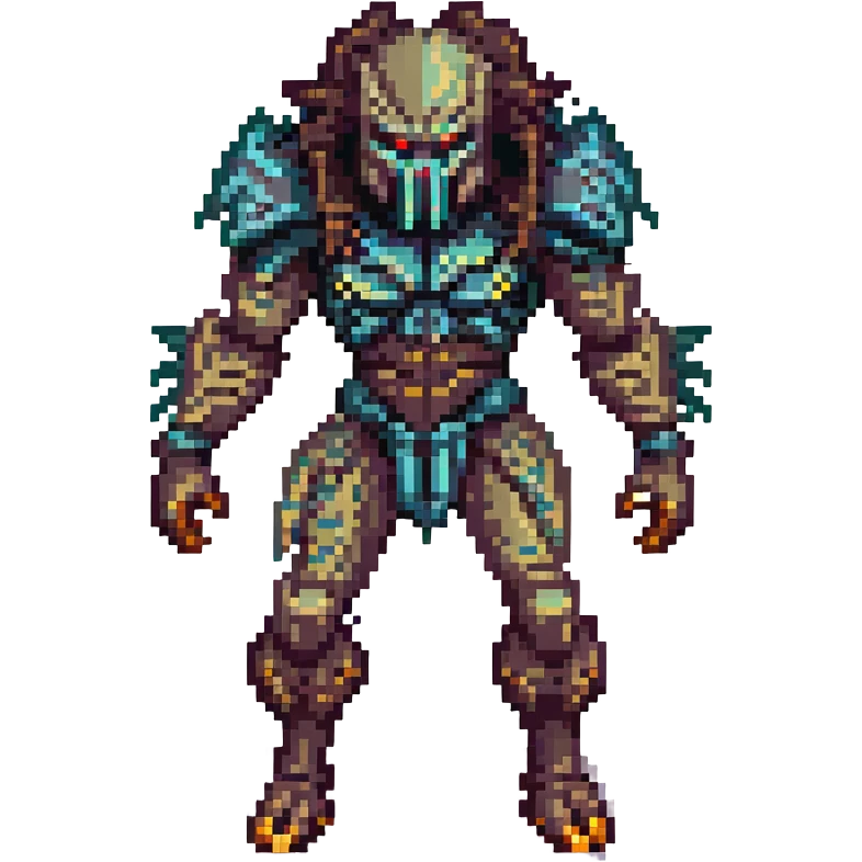 Make the pixel art Predator more menacing with a sharper mask, glowing eyes, an aggressive stance, and darker colors. Remove the background to isolate the subject. emoji