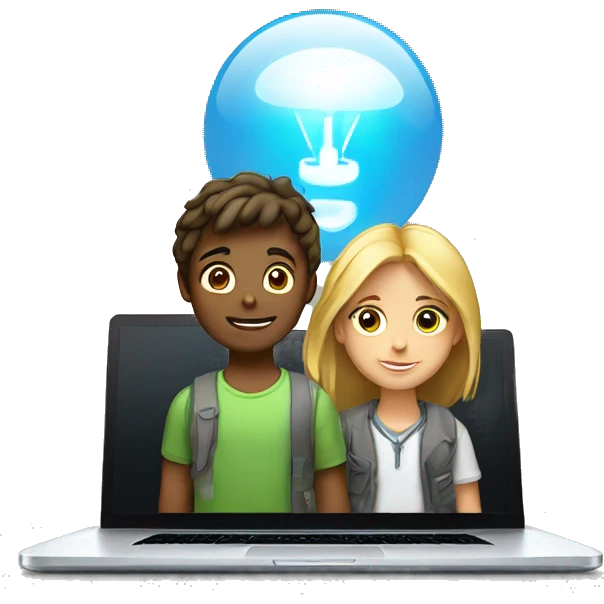 Girl and boy laptop with light above head emoji