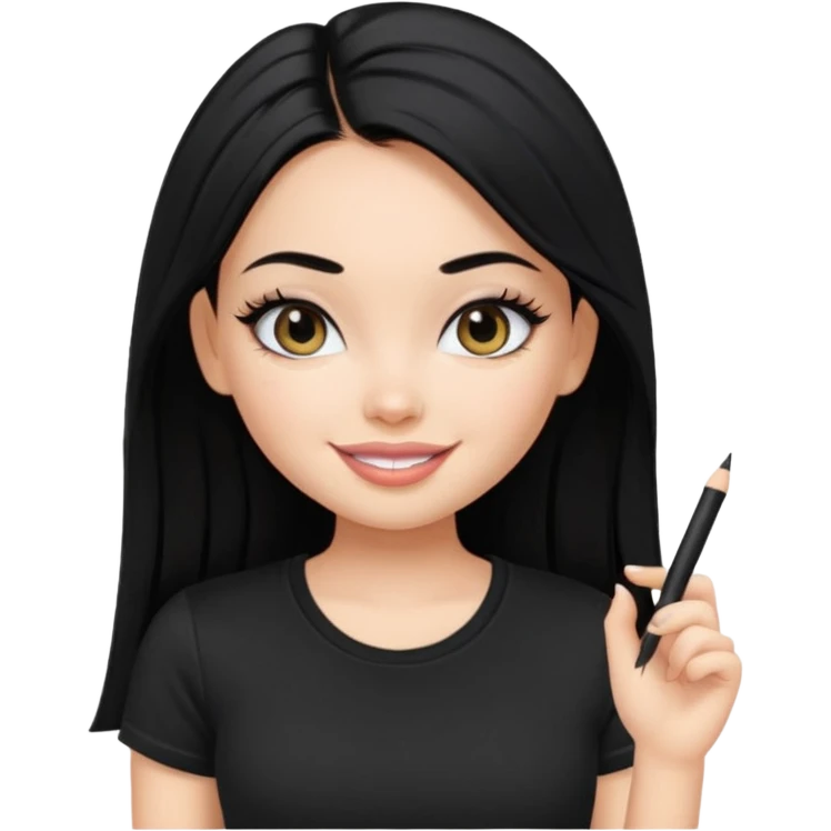 a pretty bratz girl with straight black hair wearing a black tshirt, eyeliner emoji