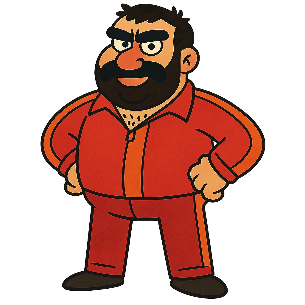 Recep İvedik, exaggerated features, big mustache, unibrow, red tracksuit, standing with hands on hips, vibrant toon style emoji