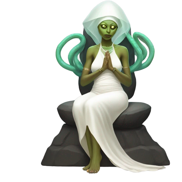 a Reptilian alien woman, pregnant, in meditation, white dress like a priestess emoji