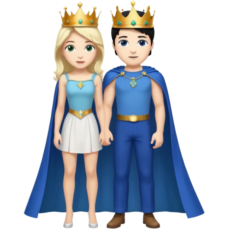 Prince with crown, blue cape and trousers, body and legs, black hair, blue eyes, woman blonde hair, green eyes, sexy white short sleveless dress,  emoji