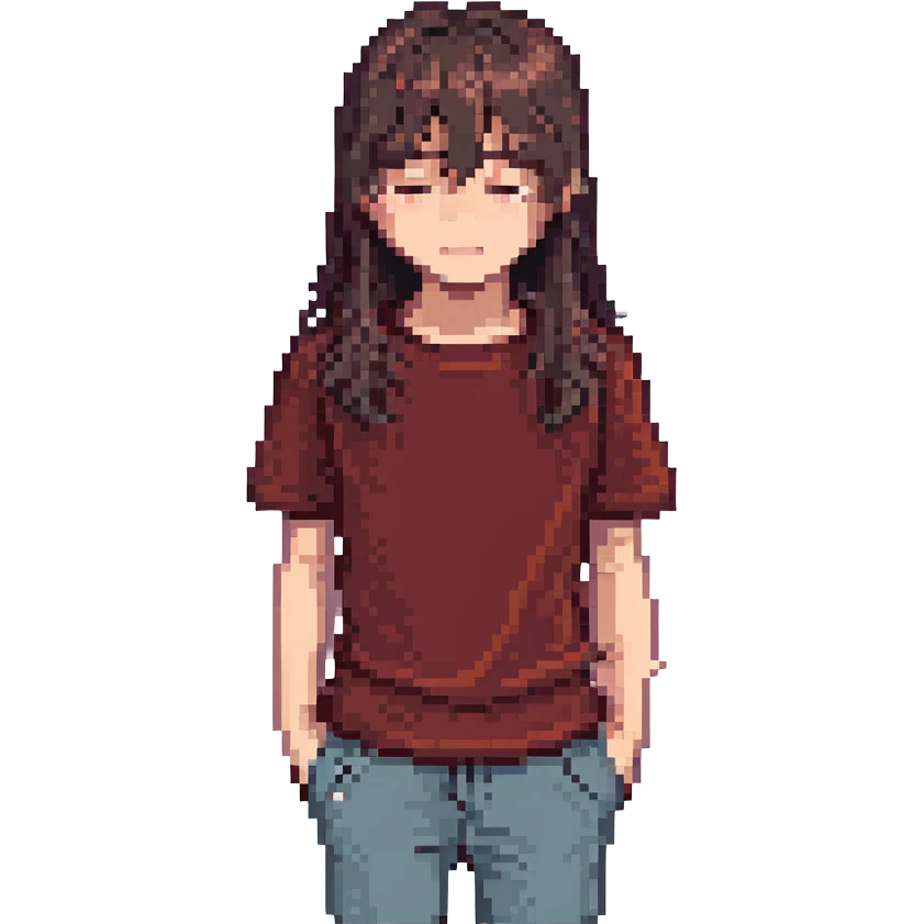 A boy with bangs covering his eyes, long hair sticking out at the back, and long side locks. He has brown eyes and dark brown hair, and is wearing a maroon t-shirt. emoji