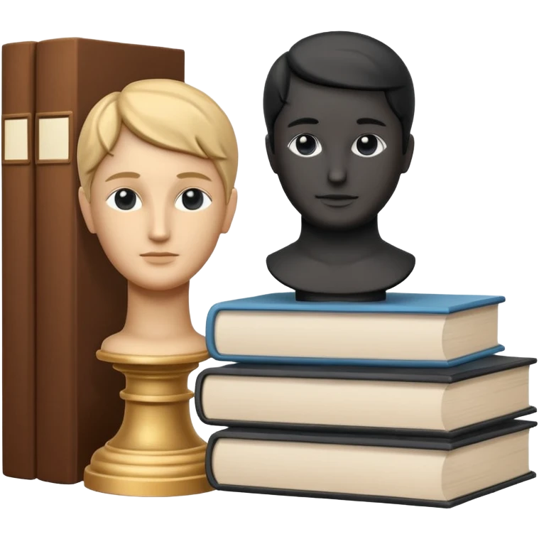 Minimalistic flat vector icon, iOS style, thin black contour on white background. Bust statue on a small pedestal next to a stack of books, symbolizing classic literature. Clean, no text, no shadows emoji