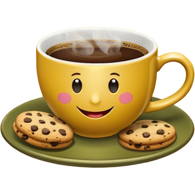 A cup of coffee, steaming, the smoke is heart-shaped, the cup is mustard yellow, the cup has a happy face printed on it, the cup sits on an olive green saucer, and there are cookies around the cup. emoji