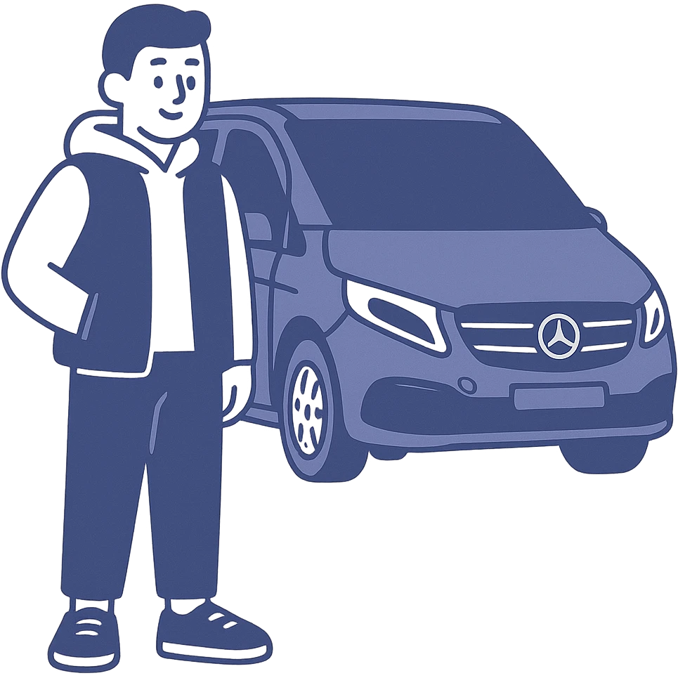 minimal flat icon style of a guy in a white hoodie, black vest, and sneakers, standing next to a black Mercedes V-Class van emoji