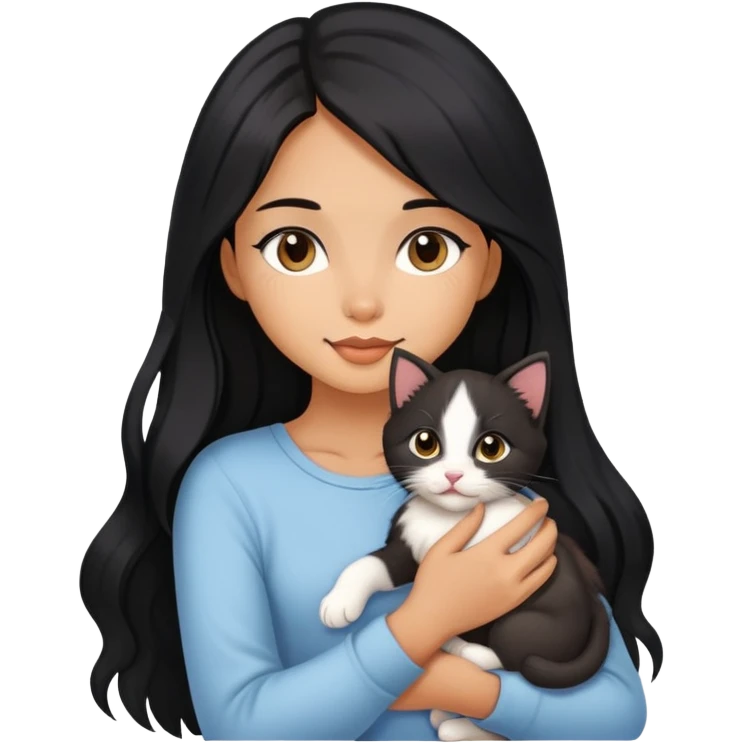 Beautiful girl with long black hair holding a cute kitten in her arms emoji