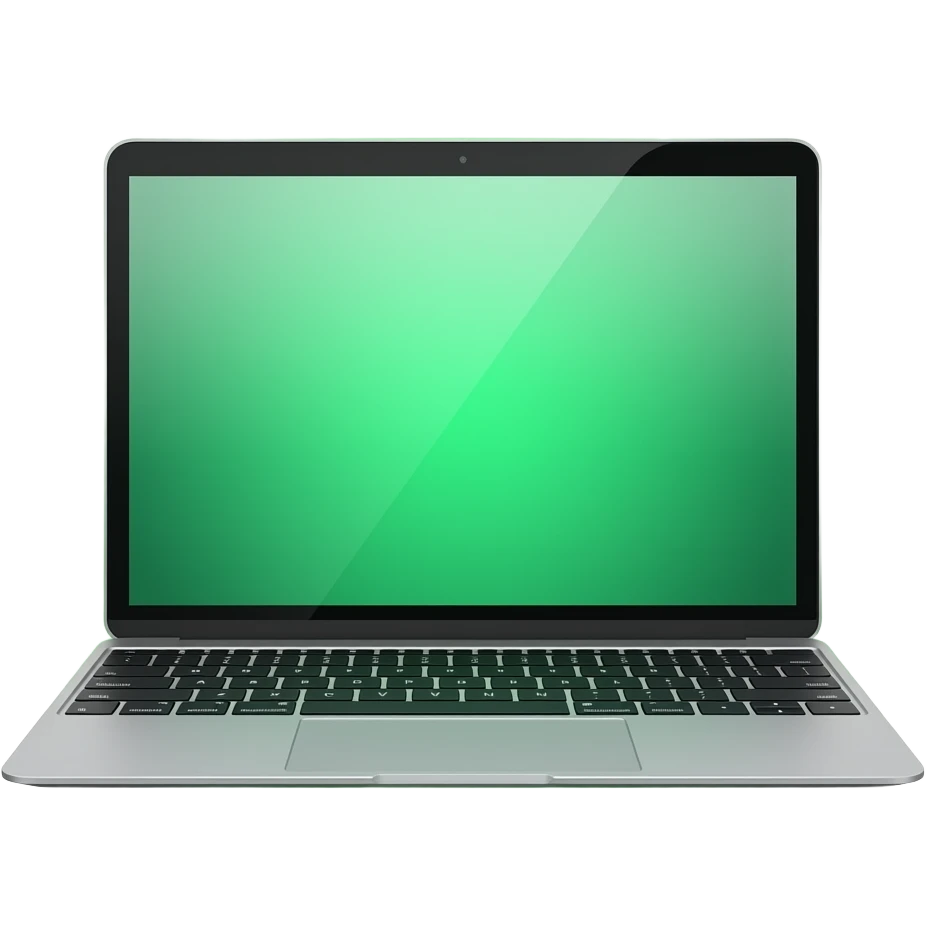 cute emoji style, open laptop similar to macbook, front view, clean minimal design, glowing green gradient screen, soft light reflection, small magical sparkles around, green magical aura behind the laptop, soft glow, rounded shapes, smooth vector style, isolated, transparent background emoji
